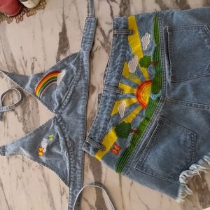 Dolls Kill Rainbow Denim Halter Shorts Set